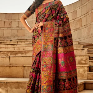 Black Multi Color Kashmiri Pashmina Silk Saree With Blouse Piece