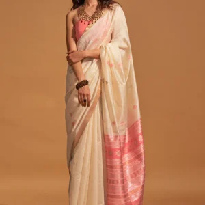 Off White Banarasi Silk Saree With Blouse Piece