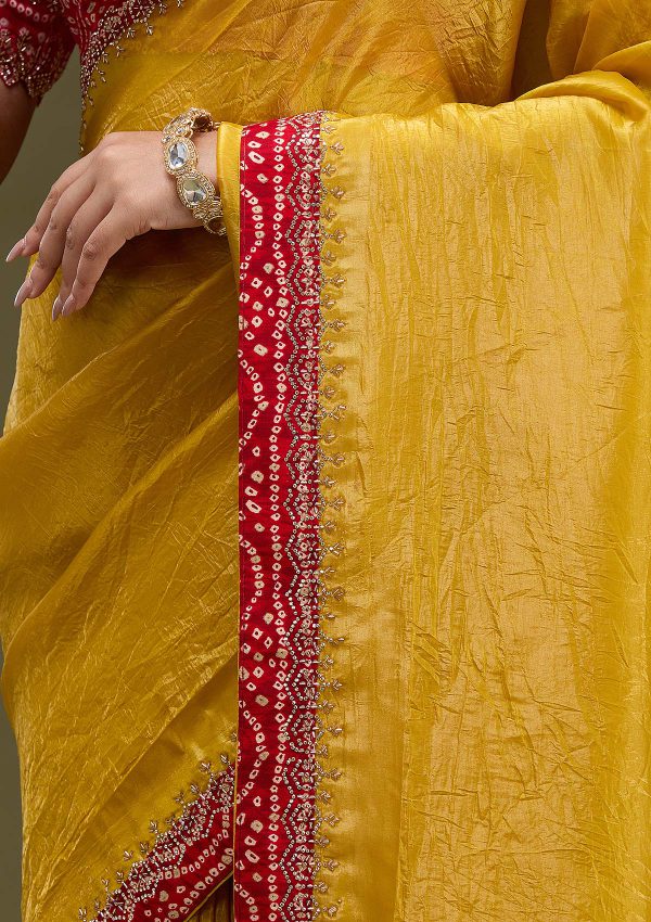 Mustard Printed Satin Saree - Image 3