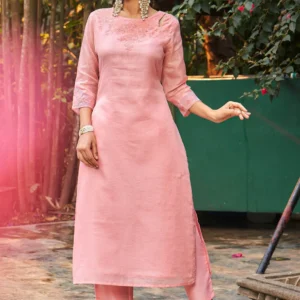 Summer Romance - KT0043 Kota Doria Embroidered Straight Woman Peach Kurta