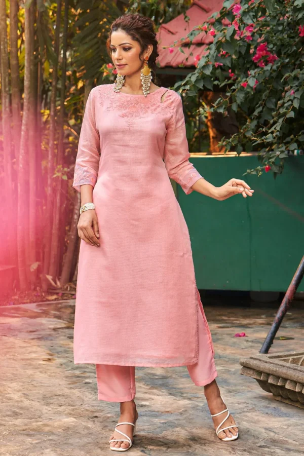 Summer Romance - KT0043 Kota Doria Embroidered Straight Woman Peach Kurta