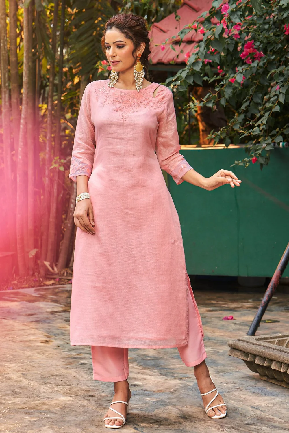 Summer Romance - KT0043 Kota Doria Embroidered Straight Woman Peach Kurta