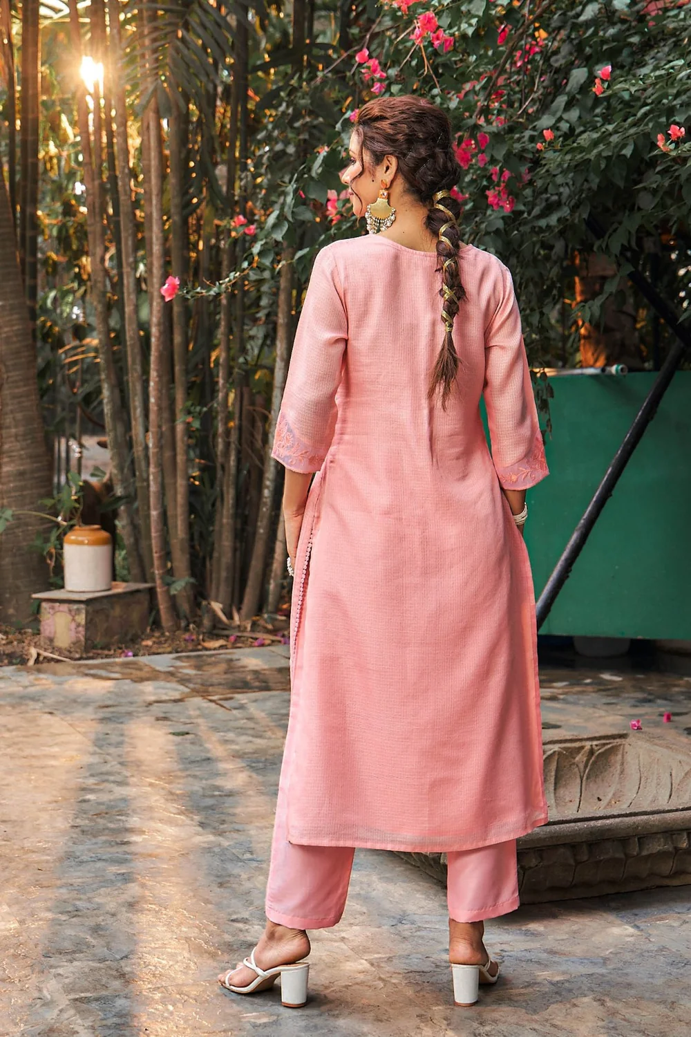 Summer Romance - KT0043 Kota Doria Embroidered Straight Woman Peach Kurta - Image 3