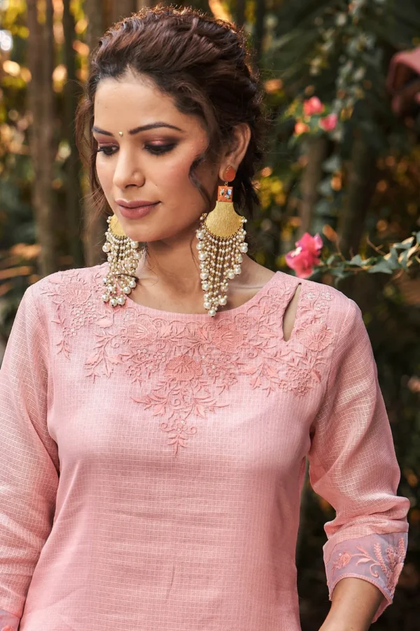 Summer Romance - KT0043 Kota Doria Embroidered Straight Woman Peach Kurta - Image 4