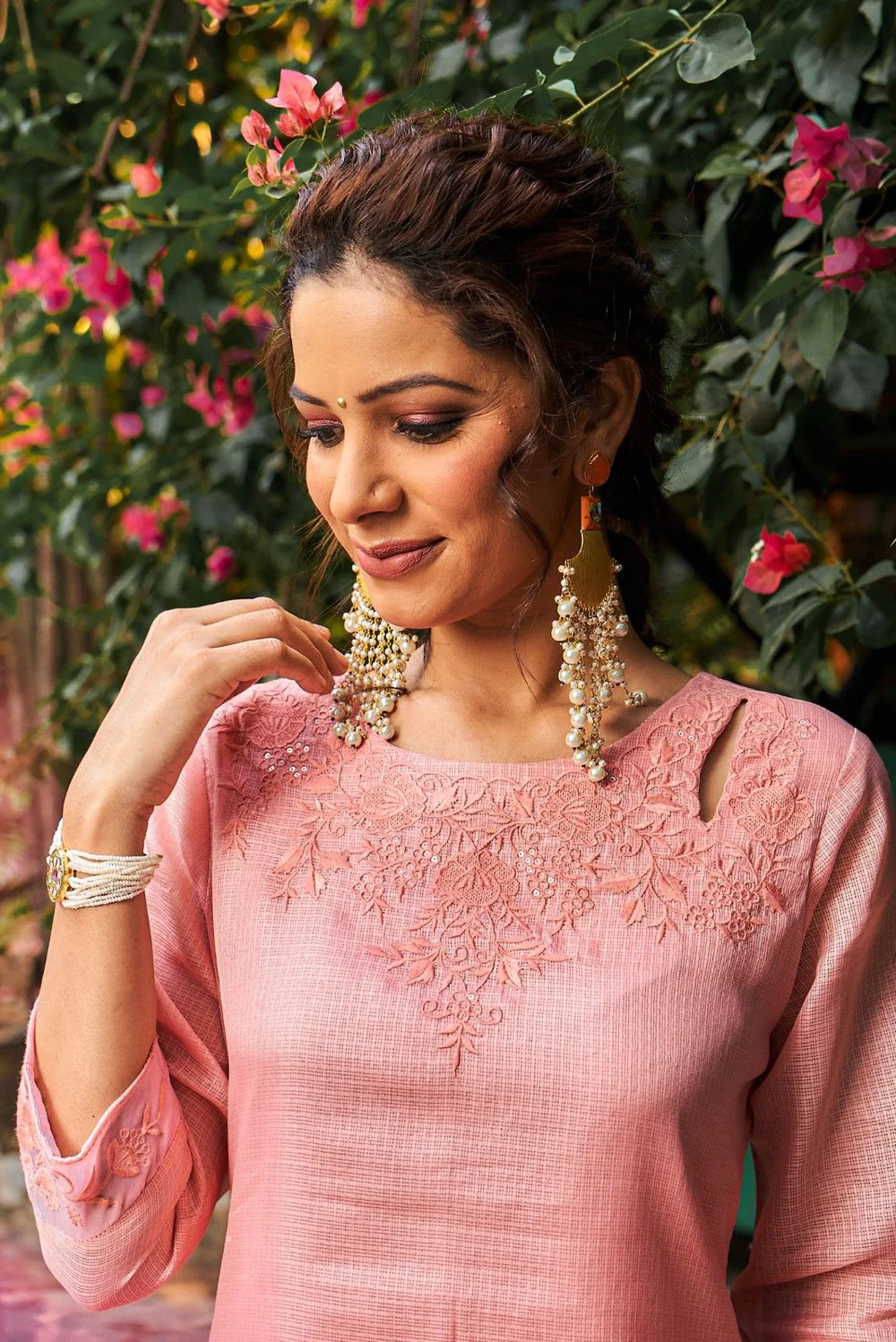 Summer Romance - KT0043 Kota Doria Embroidered Straight Woman Peach Kurta - Image 5