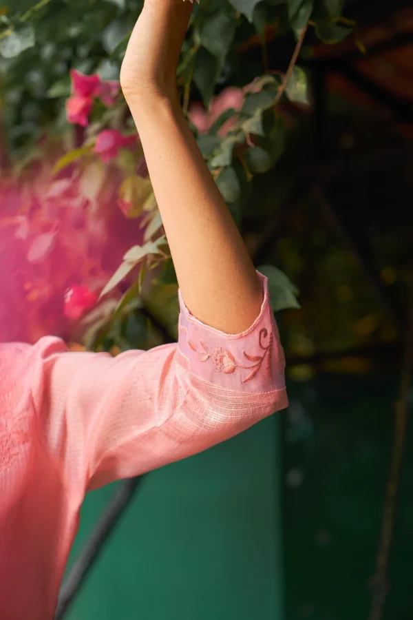 Summer Romance - KT0043 Kota Doria Embroidered Straight Woman Peach Kurta - Image 2