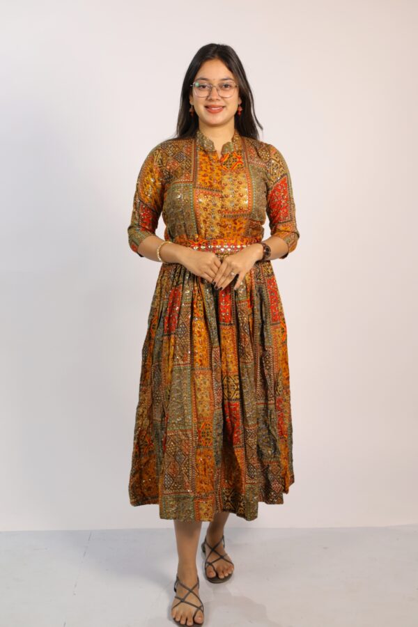 Multicolor Mirrorwork Rayon Flared Dress
