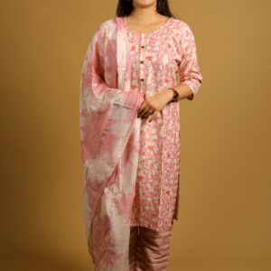 Pink Floral Print Rayon Kurti Pant Set