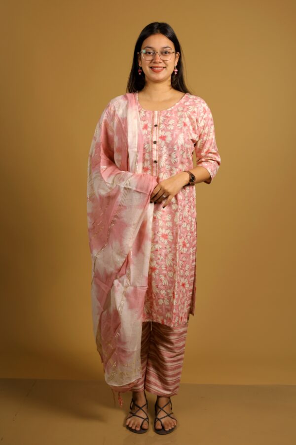 Pink Floral Print Rayon Kurti Pant Set
