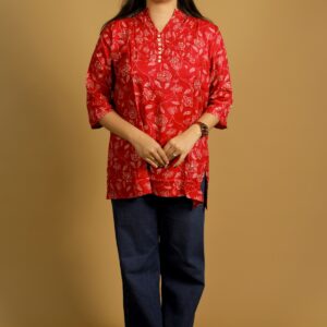 Red Printed Cotton Readymade Kurti
