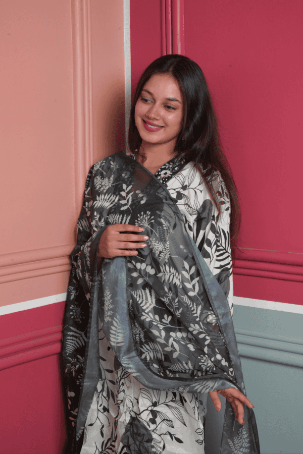 Black & White Floral Organza Suit Set with Dupatta