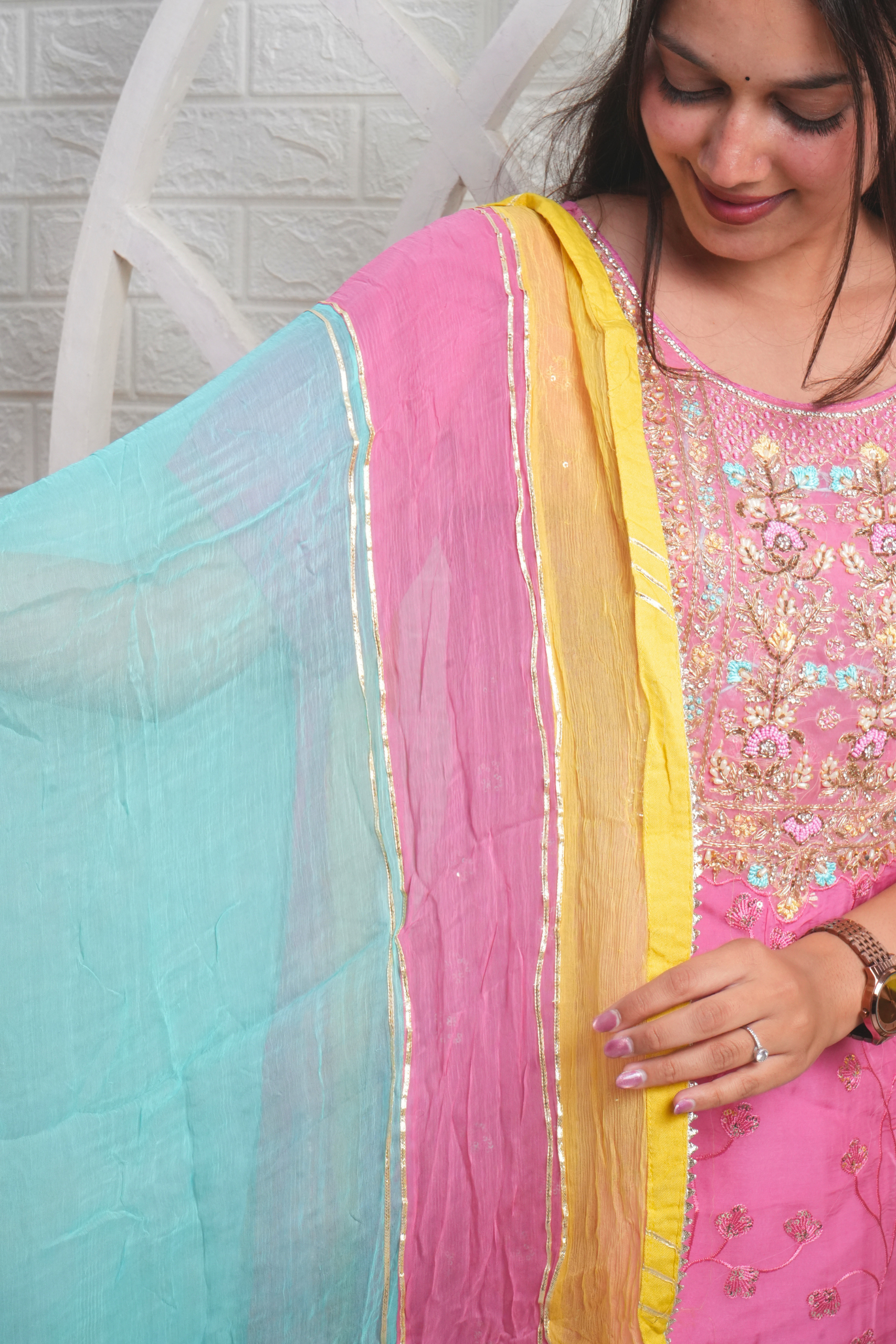Pink Embroidered Silk Blend Kurta Set with Multicolor Dupatta - Image 4
