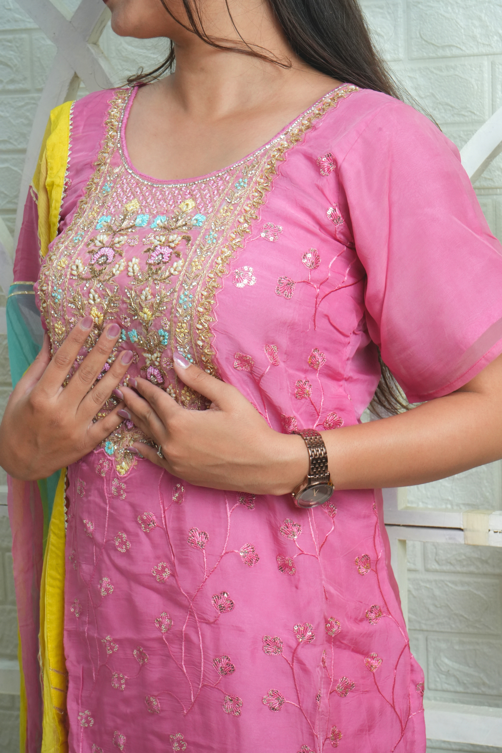 Pink Embroidered Silk Blend Kurta Set with Multicolor Dupatta - Image 2