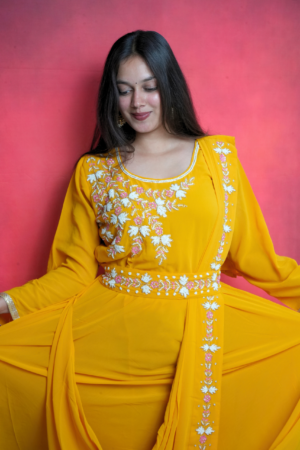 Mustard Yellow Embroidered Anarkali Gown with Dupatta