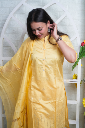 Yellow Silk Blend Embroidered Kurta Set with Dupatta