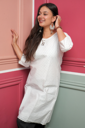 White Minimal Printed Cotton Kurta