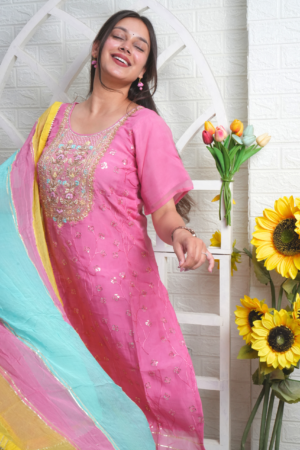 Pink Embroidered Silk Blend Kurta Set with Multicolor Dupatta